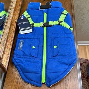 Nautica Vibrant Blue and Neon Green dog harness jacket. Sz L. Zip. Fleece inside